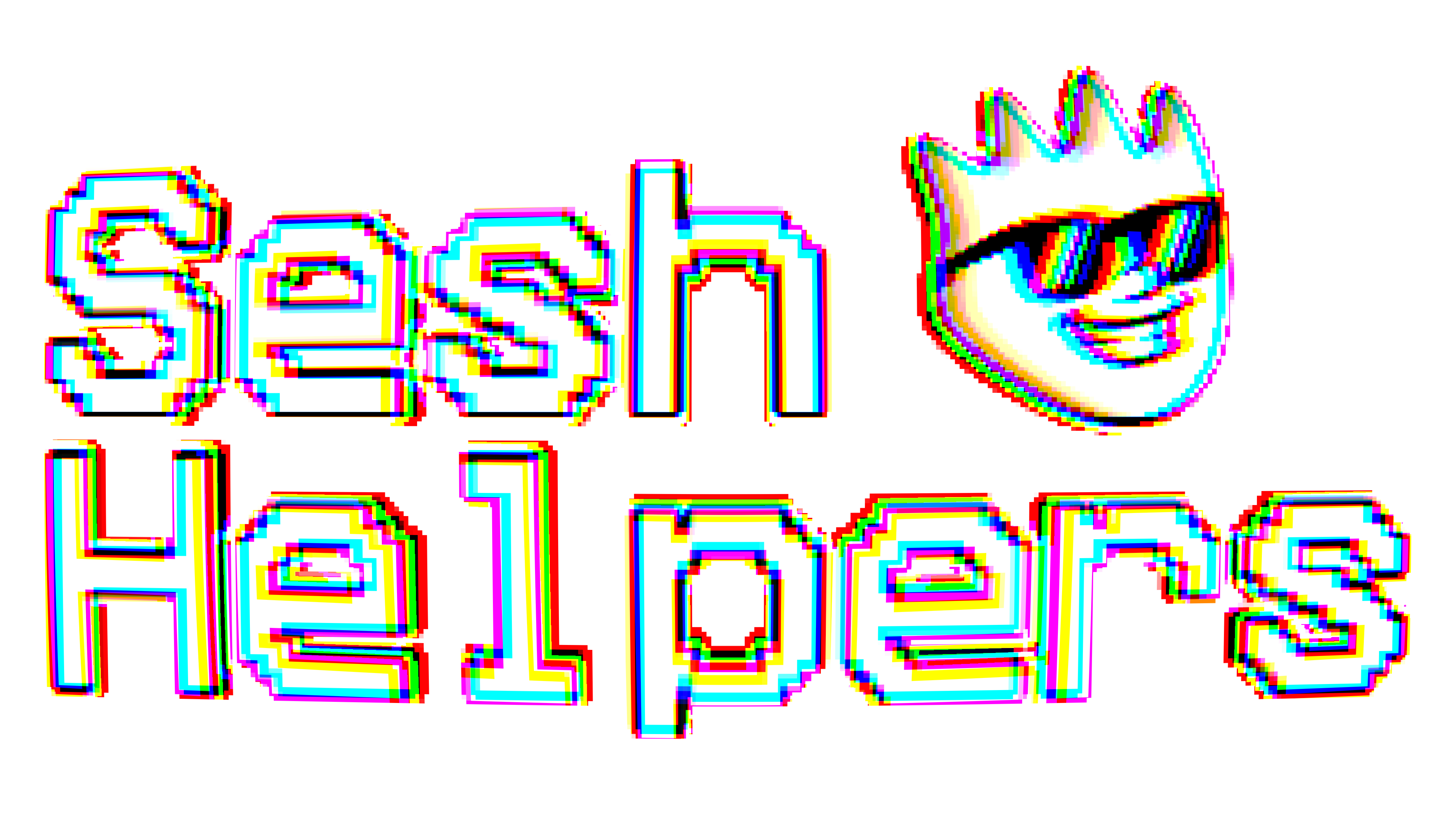 Sesh Helpers — glitch-styled logo with mascot